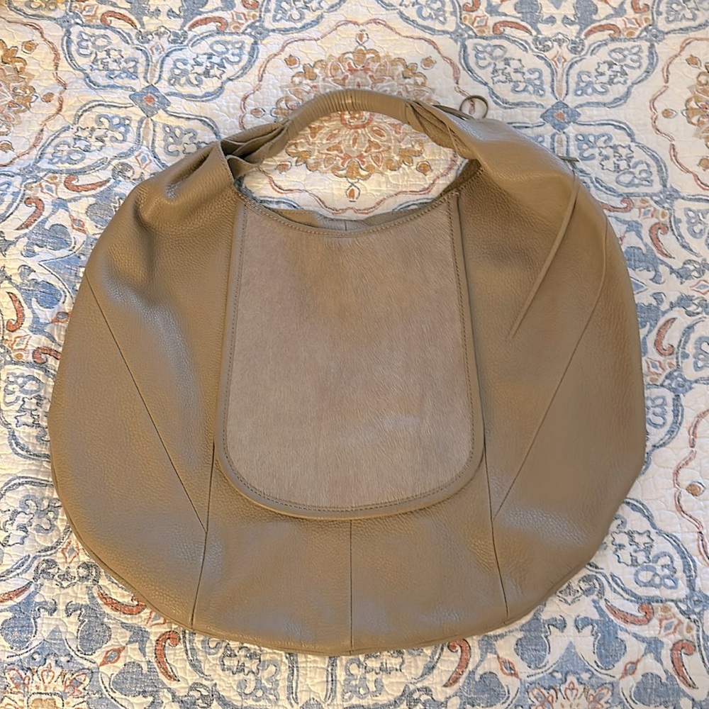PRISTINE taupe HOBO Eclipse bag w calf hair pocket